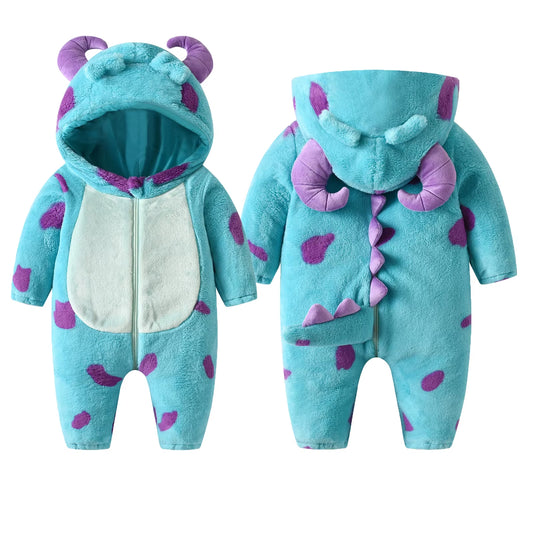 Infant Fleece Jumpsuit Cartoon Animal Horn Hooded Warm Thicken Winter Rompers Outwear Snowsuit for Baby Girls and Boys